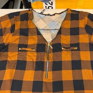 Miss Lili Black Plaid Zip-Up Top flowy fit size 2X new plus size blouse gold acc